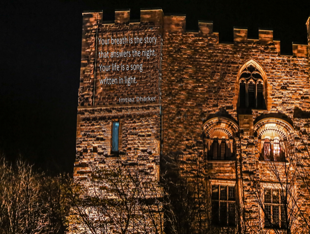 Rendering of poem projected onto the walls of Durham Castle