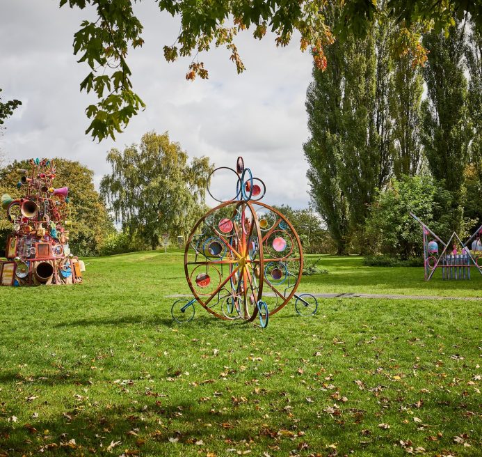 Three installations from Babylon Gamelan. The structures are made of reclaimed junk and recycled metals. They all have uniquely different structures, decoration and make different sounds. Produced by Artichoke as part of Nuneaton & Bedworth Borough Council’s Creative Explorers programme. Photo by Andrew Moore