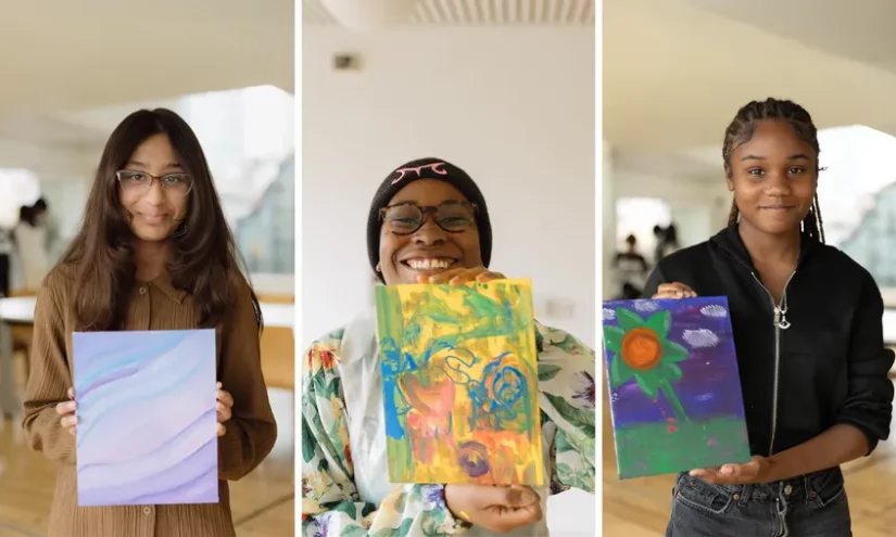 Three portraits of Summer School participants holding their artworks.