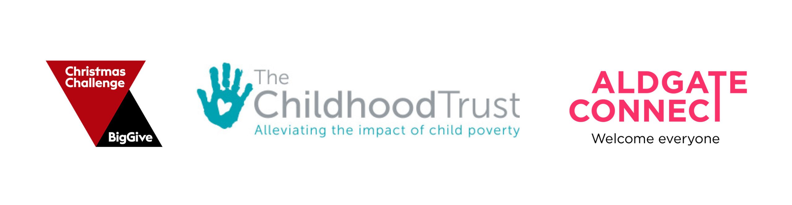 Logos of The Big Give Christmas Challenge, Aldgate Connect and The Childhood Trust